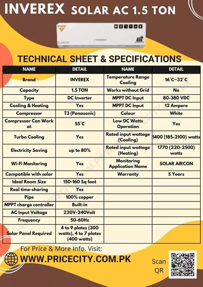 Inverex Solar AC 1.5 Ton Specifications Technical Datasheet