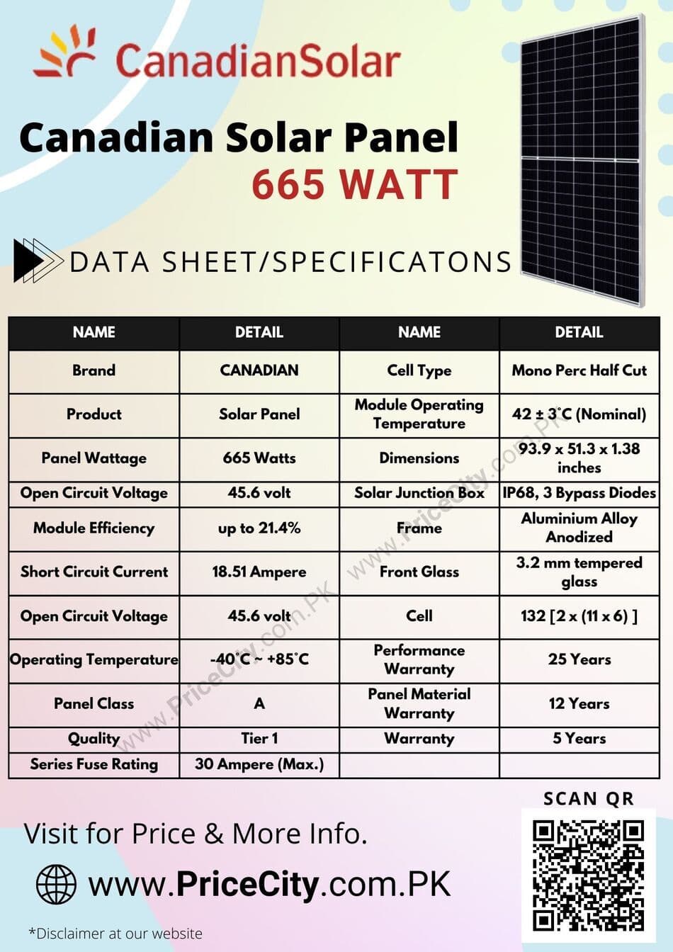Canadian Solar Panel Watt in Pakistan 2023, Mono Perc | PC