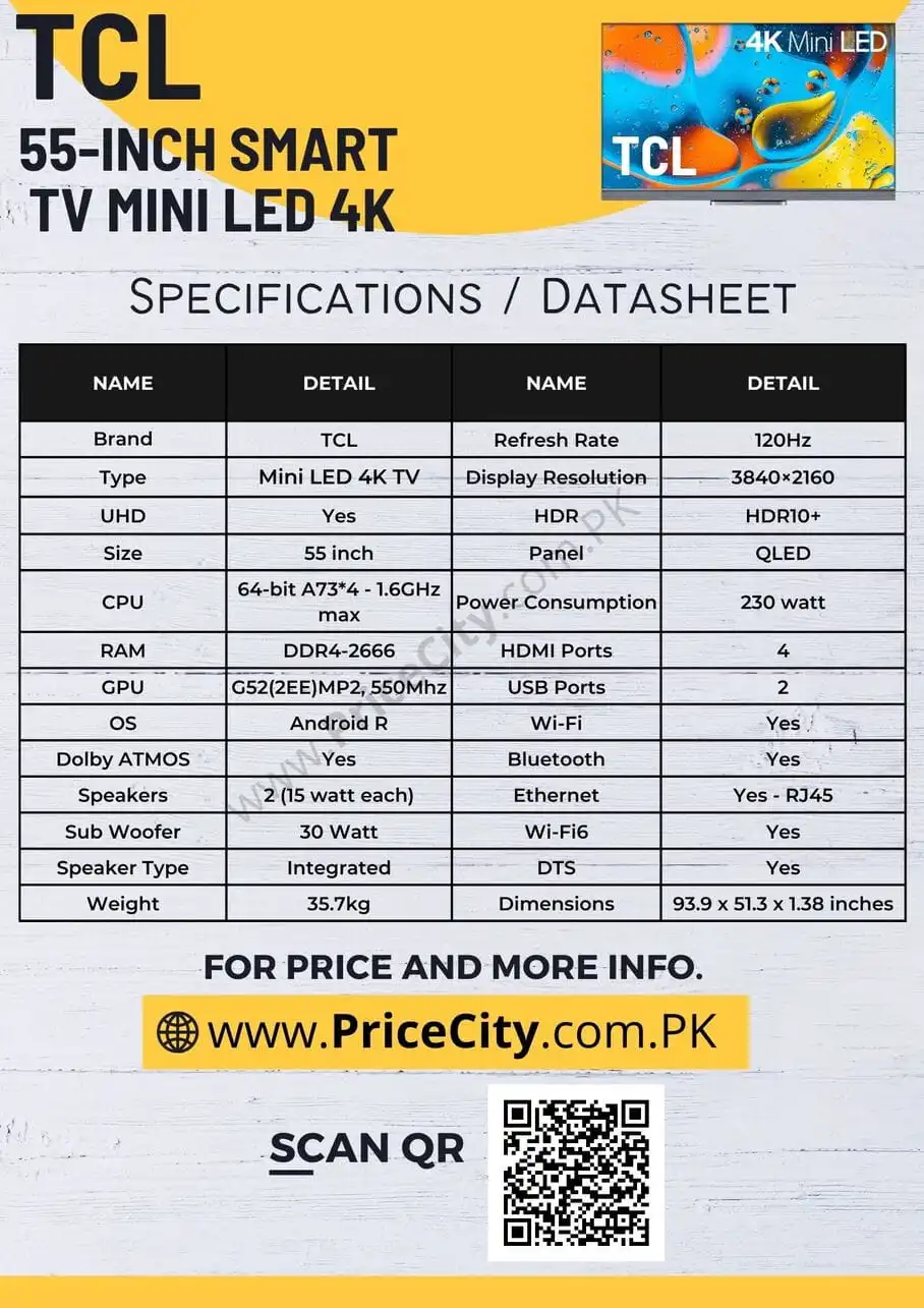 TCL 55inch Smart TV Mini LED 4K Specifications