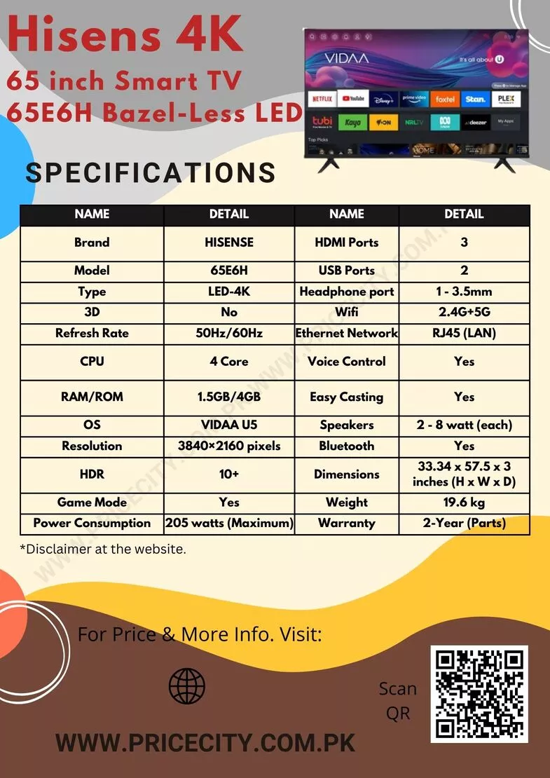 Hisense TV65E6H Specifications