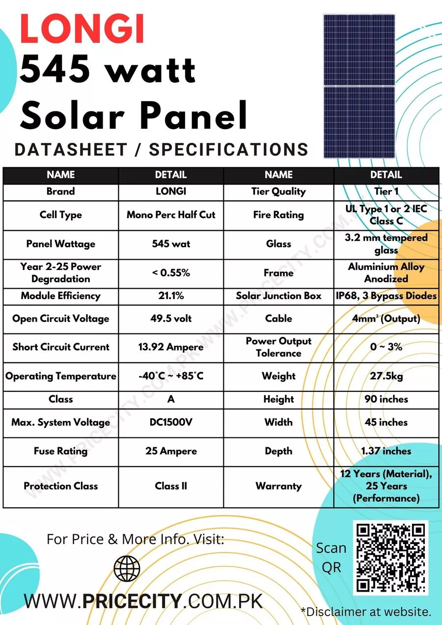 Longi 545 Watt Solar Panel Specifications Datasheet