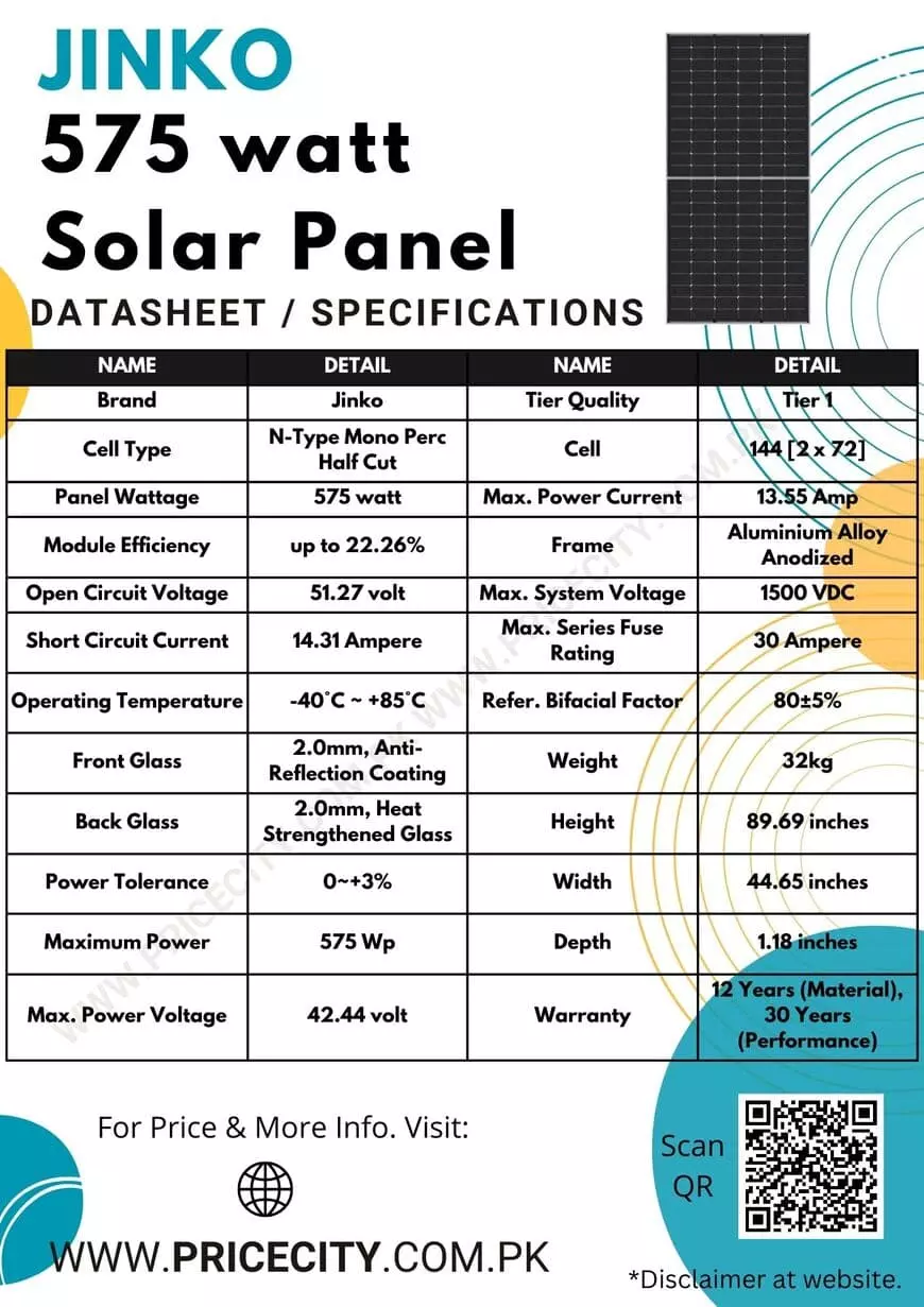 Jinko 575 Watt Solar Panel Specifications Datasheet