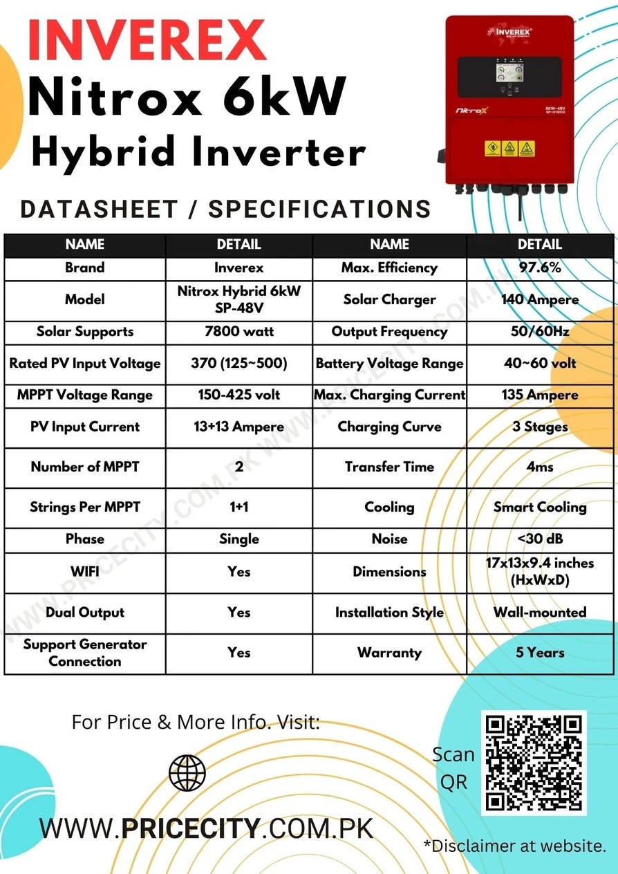 Inverex Nitrox 6kW Hybrid Inverter Specifications Datasheet