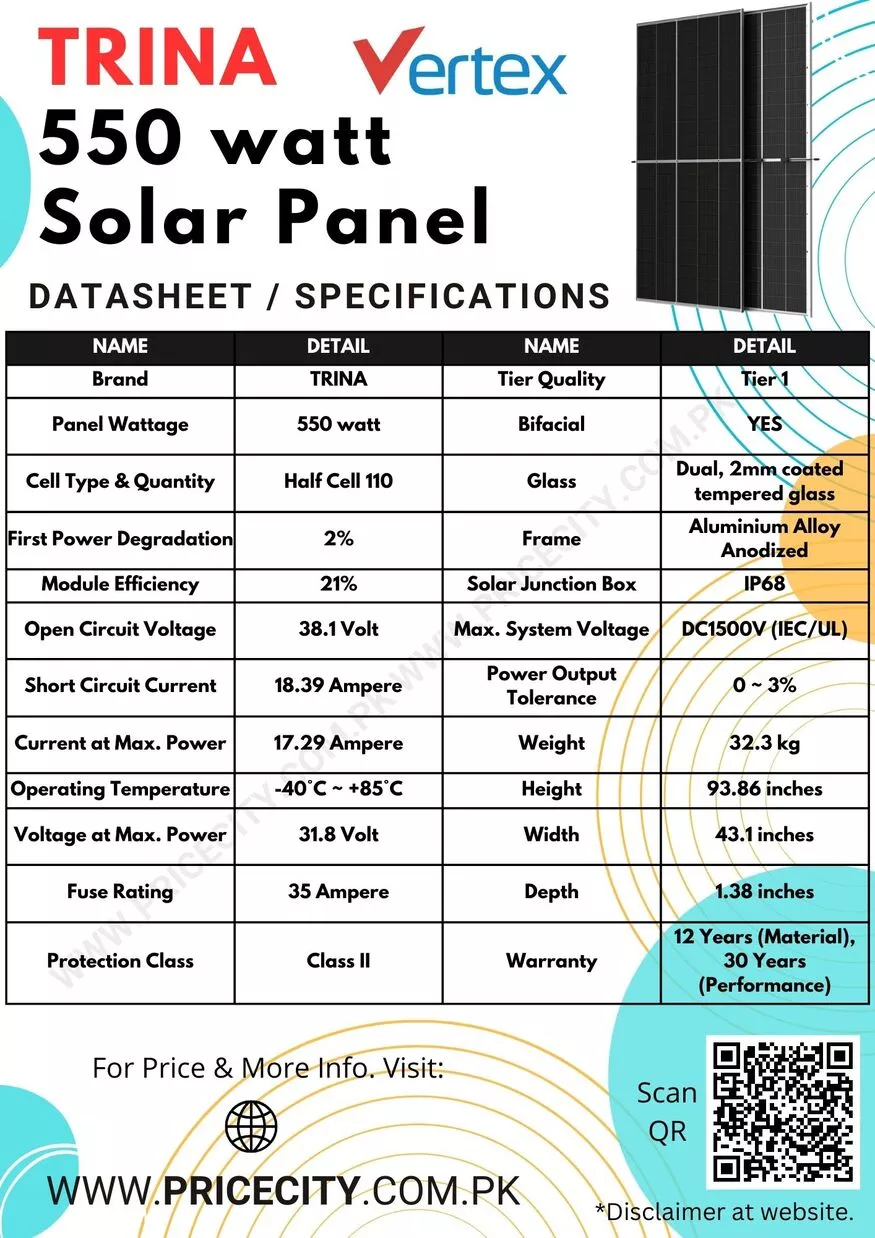 Trina 550 watt Solar Panel Specifications Technical Datasheet