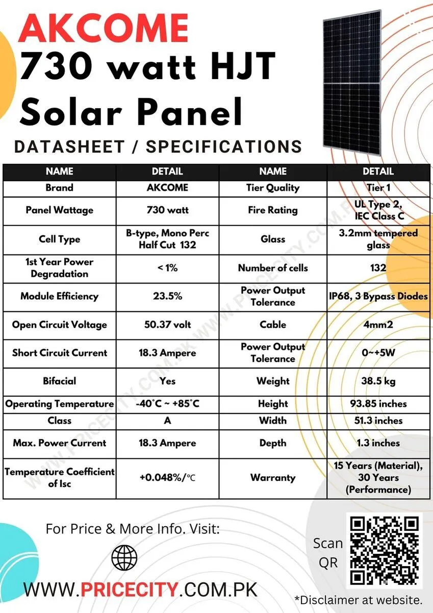 Specifications of Worlds Largest Akcome 730 watt Solar Panel HJT