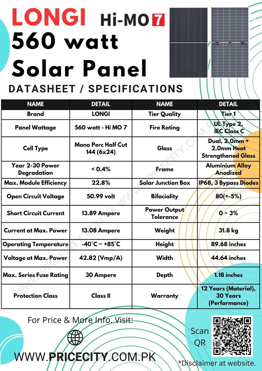Hi Mo 7 Longi 560 watt Solar Panel Specifications Datasheet